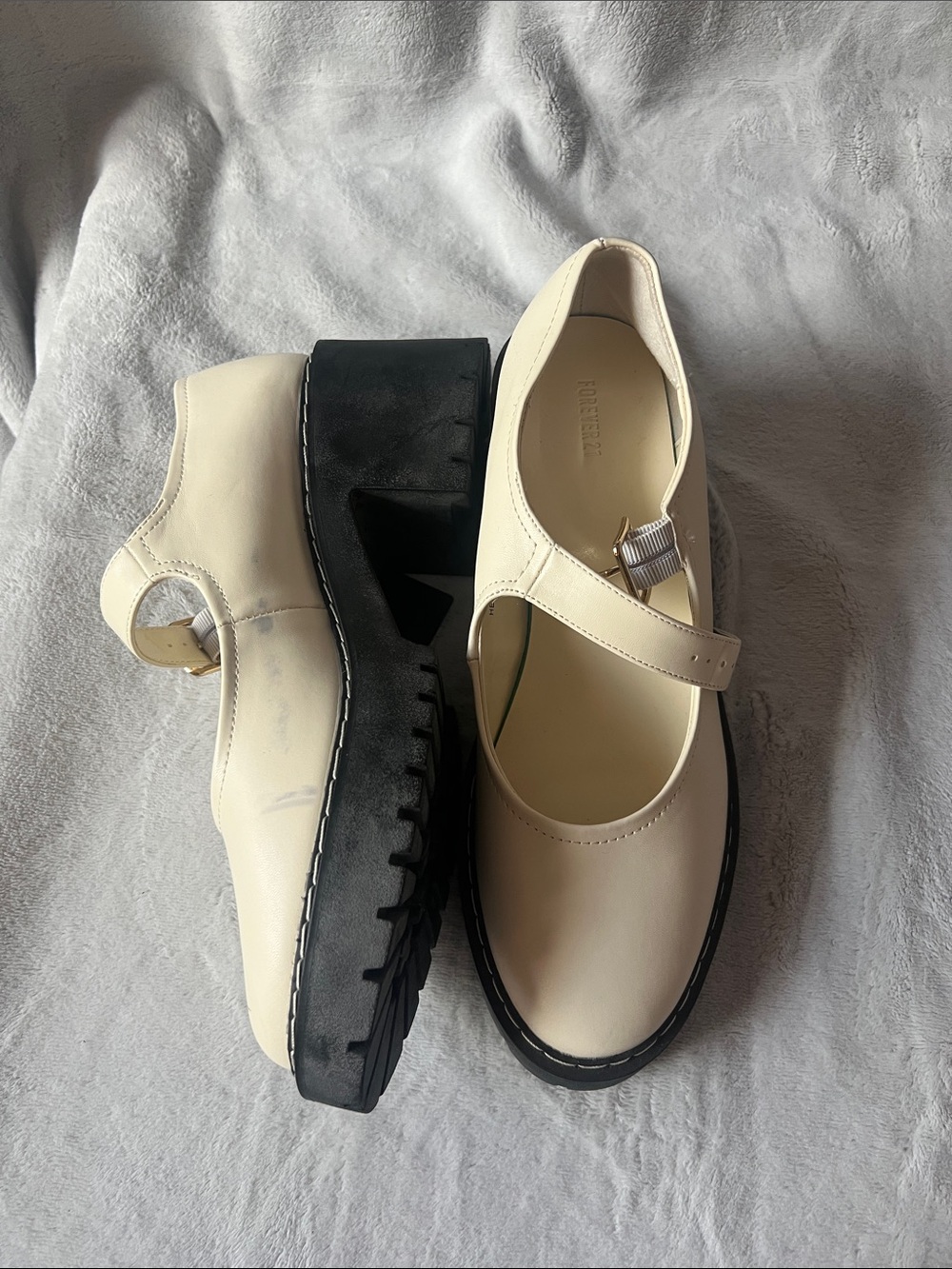 Forever 21 Cream Mary Jane Flats with Black Lug Sole
